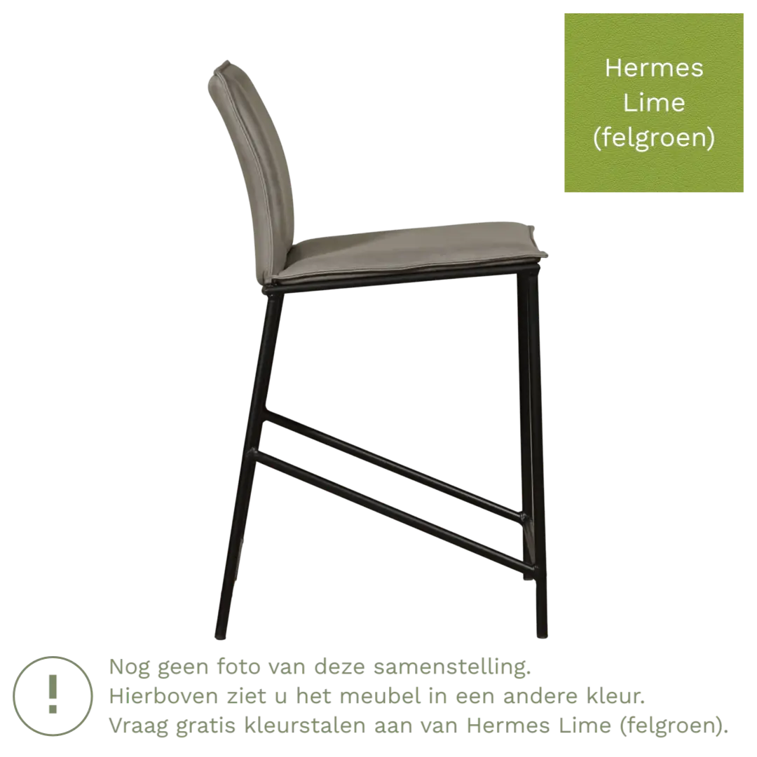 afbeelding van Leren barkruk laag Favor - Hermes Lime (felgroen) - poten staal rond zwart